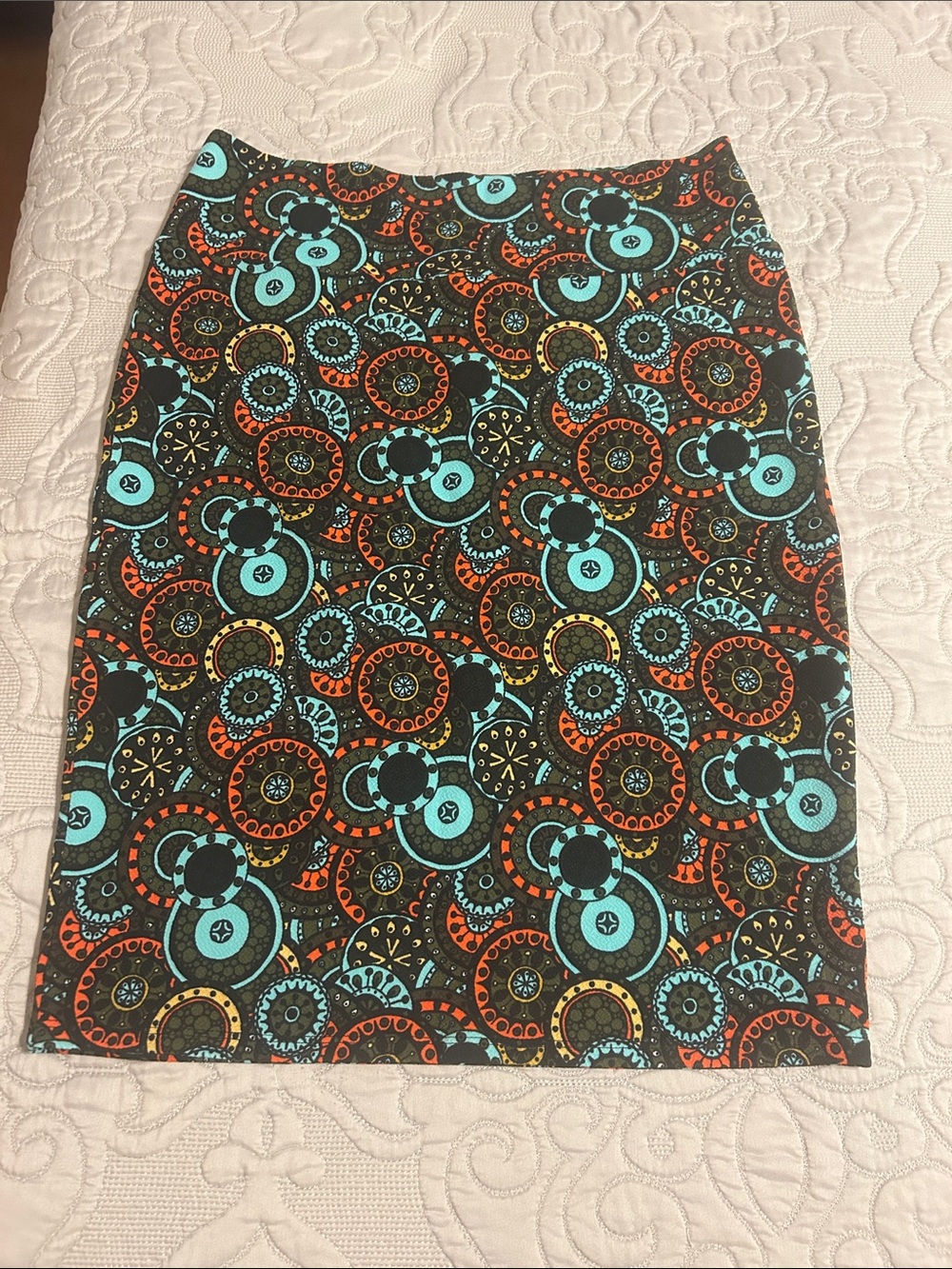 LuLaRoe Cassie Black Pencil Skirt with Turquoise, Orange & Yellow Circular Print